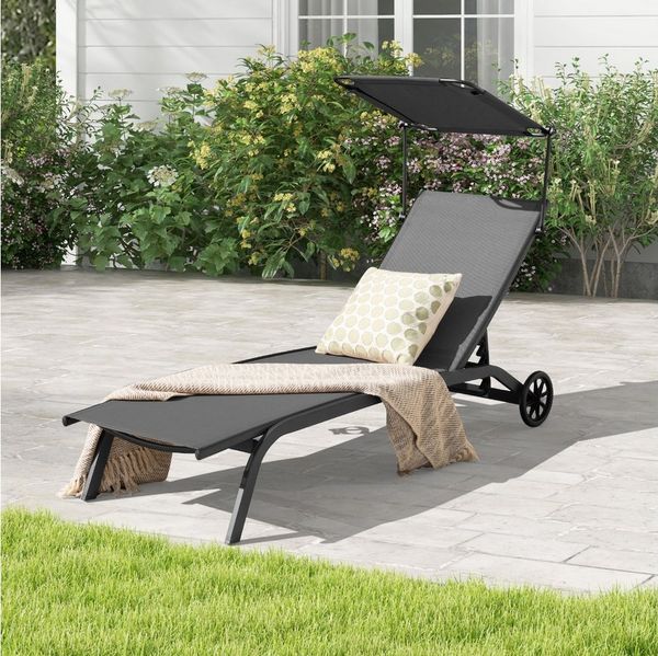 COSTWAY Gartenliege Sonnenliege, 6-fach verstellbar, mit Rädern & Dach