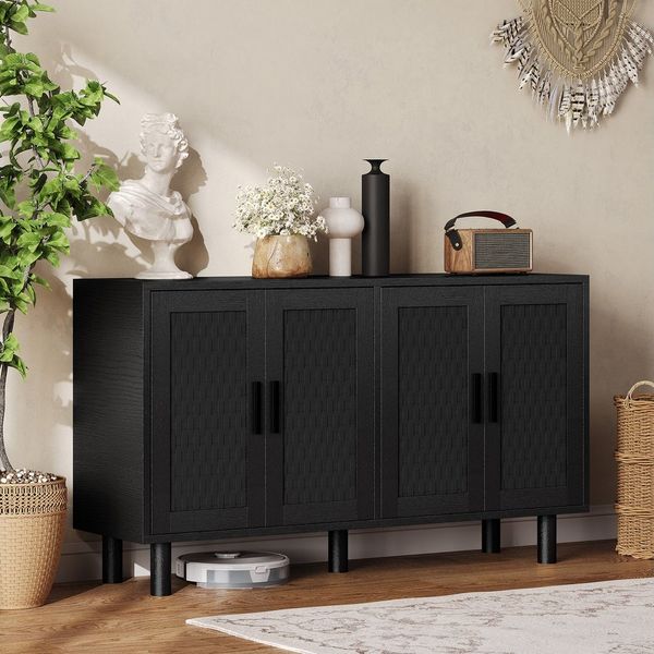 FUROKOY Sideboard Rattan Küchenschrank us Holz (Buffetschrank Highboard mit 4 Rattan Türen), für Schlafzimmer, Wohnzimmer, Flur, 140 x 40 x 80 cm, Schwarz