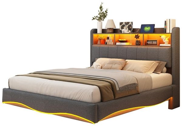 REDOM Polsterbett Doppelbett,Jugendbett,mit LED-Licht, USB- und TYPE-C-Schnittstelle (Multifunktionales Polsterbett,mit LED-Licht, USB-/Typ-C-Anschlüssen und Stauraum, schwebendes Design, 140x200 cm), ohne Matratze