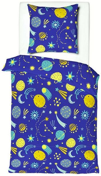 JACK Kinderbettwäsche 135x200 cm Astronaut Weltall Galaxie Planeten Blau Gelb, Renforcé, 2 teilig, Baumwolle, Kinderzimmer, Sternschnuppe, Reißverschluss
