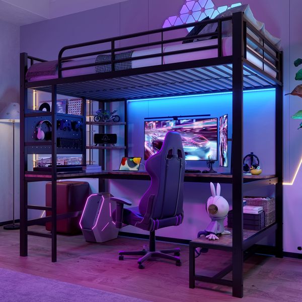 Hochbett mit Eckschreibtisch, LED-Streifen, Regal und USB+Typ-C, 90x200 cm, Metallbett mit Rausfallschutz, Kinderbett