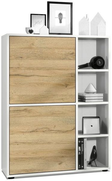 Highboard Schrank Anrichte Cuba mit 8 Fächern, Korpus in Weiß matt / Fronten in Eiche Natur