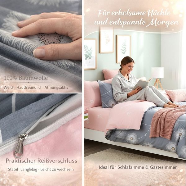 KEAYOO Bettwäsche XDD, Baumwolle, 2 teilig, 100% Baumwolle Grau Rosa Wendebettwäsche mit Reißverschluss