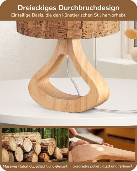 EDISHINE Nachttischlampe Höch 34cm Holz, LED wechselbar, warmweiß, Lampe mit Ein-/Ausschalter, E27 Fassung mit 2700K LED-Glühbirne
