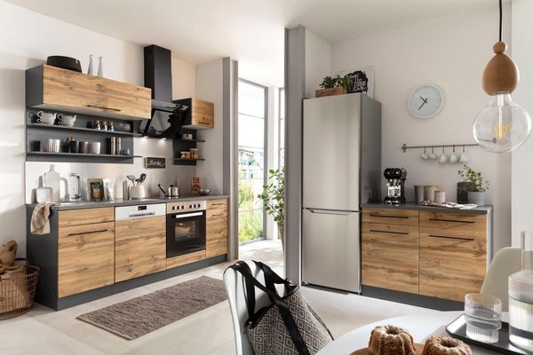 KOCHSTATION Unterschrank KS-Tulsa 100 cm breit, 2 Schubkästen, 2 Türen, schwarzer Metallgriff, MDF Front