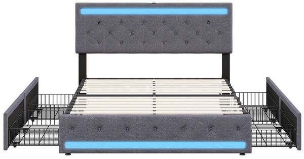 Furnishings Home Polsterbett Doppelbett LED Stauraumbett (Jugendbett, Vier extra große Schubladen unter dem Bett), Mit LED-Beleuchtung, USB + TYPE-C, Leinen, 140x190 cm
