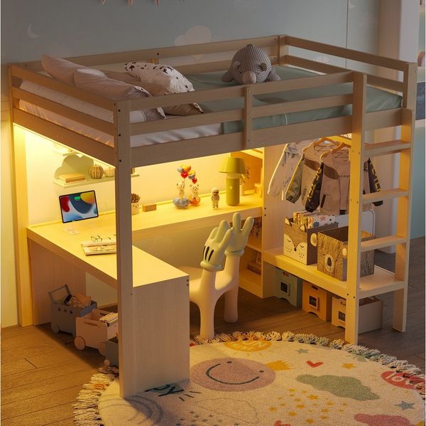 Flieks Hochbett Kinderbett Holzbett 140x200cm mit LED & USB, Schreibtisch, Stauraum
