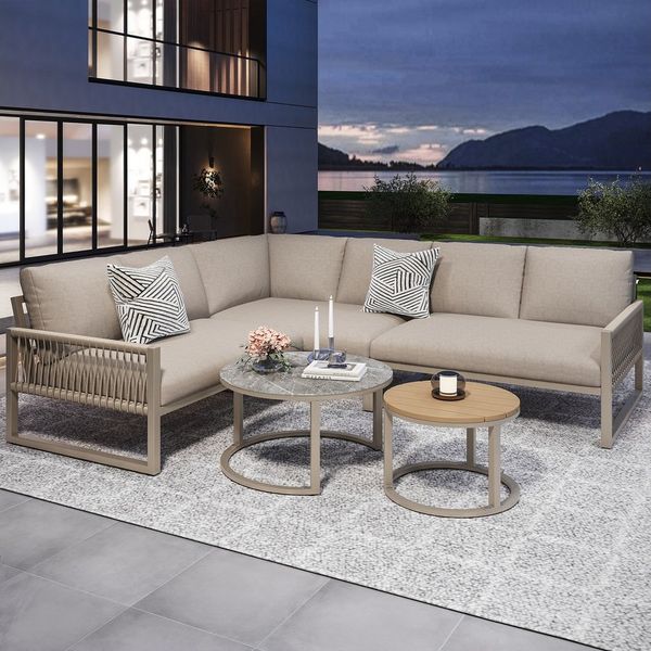 MODFU Sofa Garten-Lounge-Set,Ecksofa mit verzinktem Eisengestell, Garten-Lounge-Set für 6-7 Personen, modernes Ecksofa mit verzinktem Eisengestell, wetterfesten Kissen, verstellbaren Beinen und zwei eleganten Couchtischen. 5 Teile, mit Relaxfunktion
