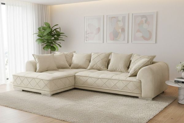 riess-ambiente Big-Sofa DECADENCIA 320cm beige – Samt, XXL, 8 Kissen, variabler Ottomane, Einzelartikel 1 Teile, edle Eckcouch mit Federung & Rundum-Bezug – ideal für große Wohnzimmer