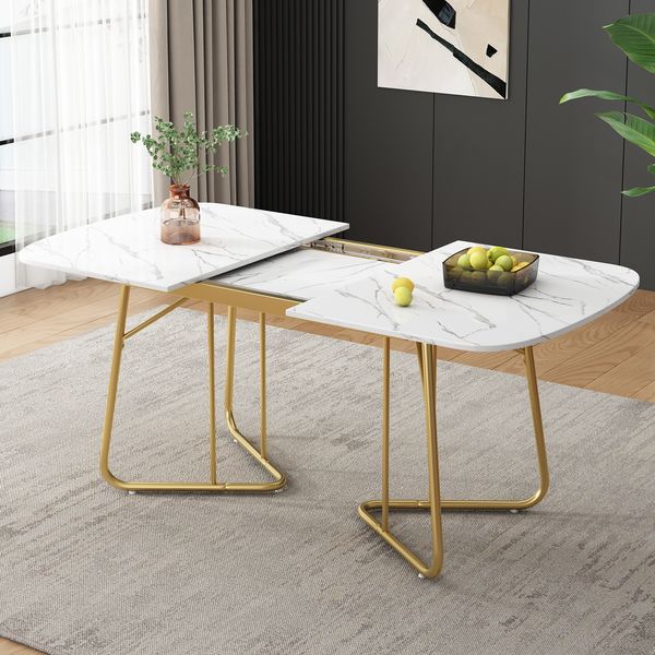 Weißer erweiterbarer Esstisch mit Marmorstruktur, vergoldete Metall-Tischbeine, erweiterbarer Esstisch140/180*80 cm, exquisiter Luxus-Stil, weißer rechtwinkliger Esstisch, geeignet für 4–6 Person