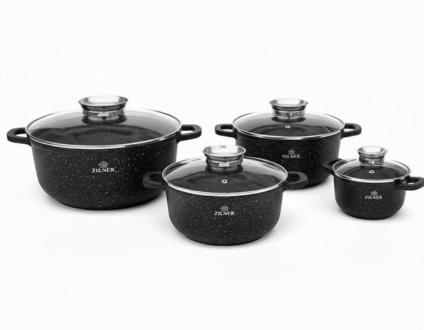 Zilner Topf-Set Schwarze Töpfe mit Keramik-Marmorbeschichtung 4 verschiedenen Größen, Aluminium, Aluminiumguss (Verleihen Sie Ihrer Küche Eleganz und genießen Sie gesundes, köstliches Kochen mit diesem hochwertigen 4-teiligen Topf-Set in elegantem Schw...