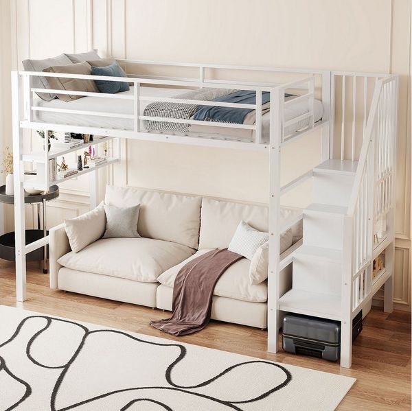 Ulife Hochbett Kinderbett Jugendbett, Einlegeböden, Stauraumleiter, 90x200cm (Ohne Matratze) Freiraum unter dem Bett zum Verkleiden