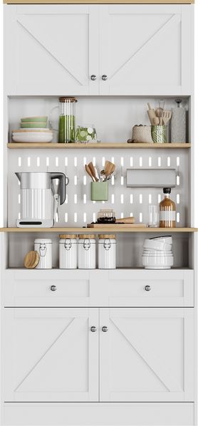 Stilvoller weißer Esszimmer Sideboard mit 2 Schubladen und 4 Türen – Elegantes Buffet für Küche, Esszimmer & Wohnzimmer mit Silber Griffen und großzügigem Stauraum