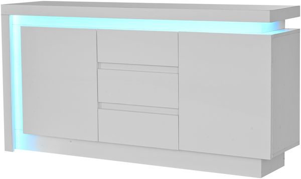 Merax 140cm Sideboard, Kommode, Beistelltisch mit 3 Schubladen, Schrank mit verstellbaren Einlegeböden und 2 Türen, Hochglanz Sofa Beistellschrank mit LED, Weiß Bild 9