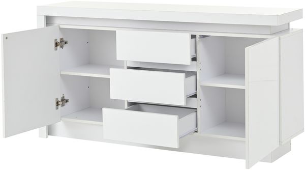 Merax 140cm Sideboard, Kommode, Beistelltisch mit 3 Schubladen, Schrank mit verstellbaren Einlegeböden und 2 Türen, Hochglanz Sofa Beistellschrank mit LED, Weiß Bild 8