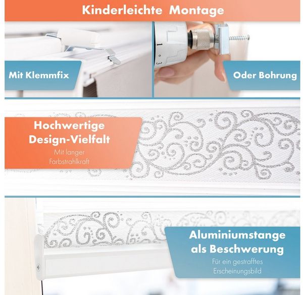 Doppelrollo ohne Bohren, Doppelrollo für Fenster mit Muster, Bailena, Lichtschutz, ohne Bohren, freihängend, Klemmfix, Duo Rollos mit Perlen, glitzernd, Ranken Blumen Motiv