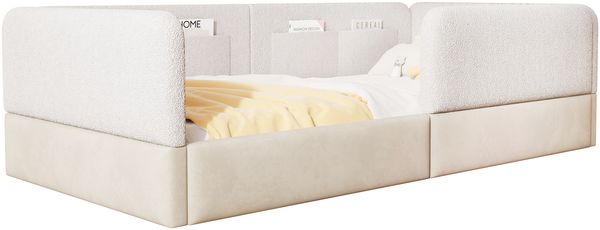 90x200 gepolstertes Plattformbett mit Schutzgitter und Aufbewahrungsbeutel, Weiß