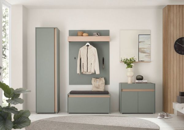 Home affaire Garderoben-Set GIRON/CiTY, moderne Garderobe, Komplettset mit viel Stauraum, (Komplett-Set, 5-St), enthält Schrank, Kommode, Spiegel, Paneel & Schuhbank +Sitzkissen