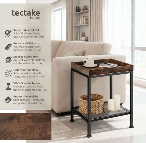 tectake Beistelltisch Couchtisch Rochester 41,5x41x56cm (1-St, 1 tlg), Rechteckiger Beistelltisch im rustikalen Industrie-Design
