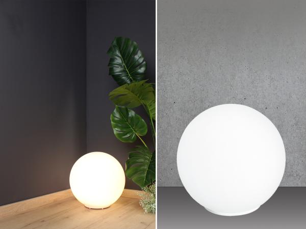 ECO-LIGHT LED Nachttischlampe, Dimmfunktion, LED wechselbar, Warmweiß, große Glas-kugel Bodenlampe innen mit Fußschalter, Weiß Ø 35cm