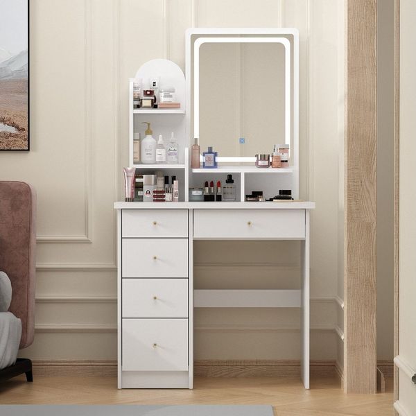 FUFU&GAGA Schminktisch mit LED und Hocker, 5 Schubladen, 3 offene Fächer