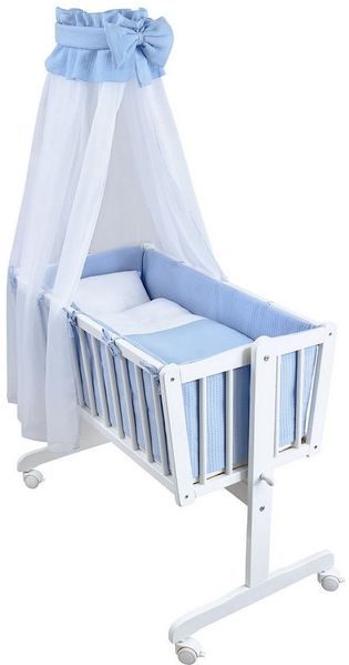 Baby-Delux Stubenbett Babywiege Komplettset Waffelpique Musselin, Schaukelwiege Weiß 90x40 cm Komplett Bettset Wiegenset