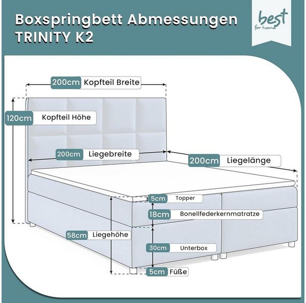Best for Home Boxspringbett mit Bettkasten Trinity K2 Bonell-Matratze inkl. Komfort Topper (Polsterbett Doppelbett Boxbett mit gepolstertes Kopfteil, versch. Größen, 140x200 160x200 180x200 200x200 cm), Handwerksqualität, TOP Preis-Leistungs-Verhältnis