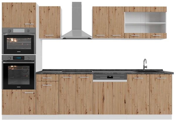 Küchenzeile R-Line Artisan Eiche/Weiß 300 cm mit Hochschrank, AP Anthrazit Vicco