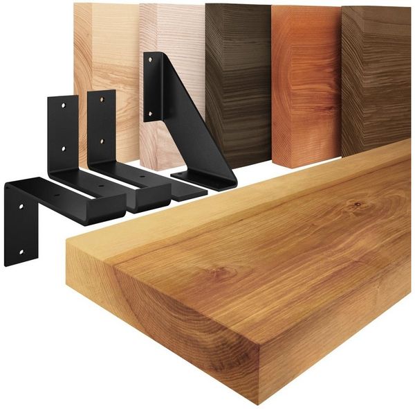 LAMO Manufaktur Wandregal Holz Gerade Regal Farbe: Rustikal mit weißem Basic Regalträger 40 cm, Komplett-Set, 40mm stake Massivholzplatte