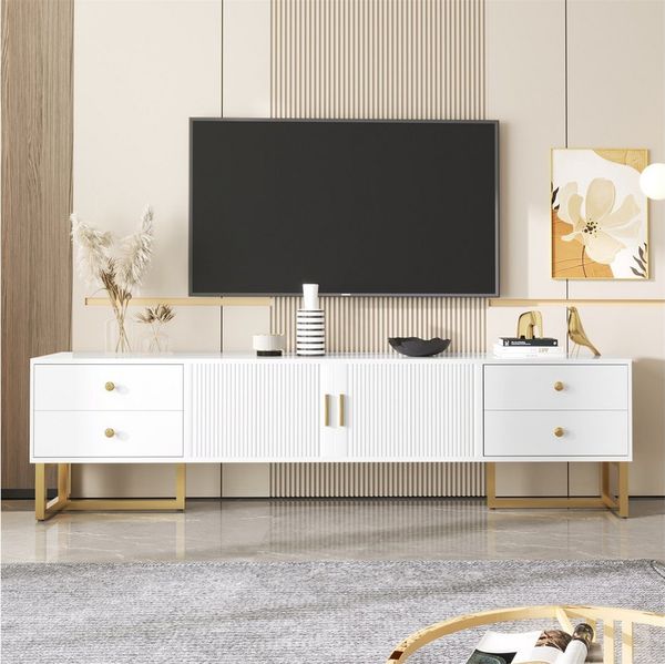 XDeer TV-Schrank TV-Schrank, niedriges Paneel mit strukturierter Tür, TV-Möbel mit Schubladen, goldenen Griffen und goldenen Füßen