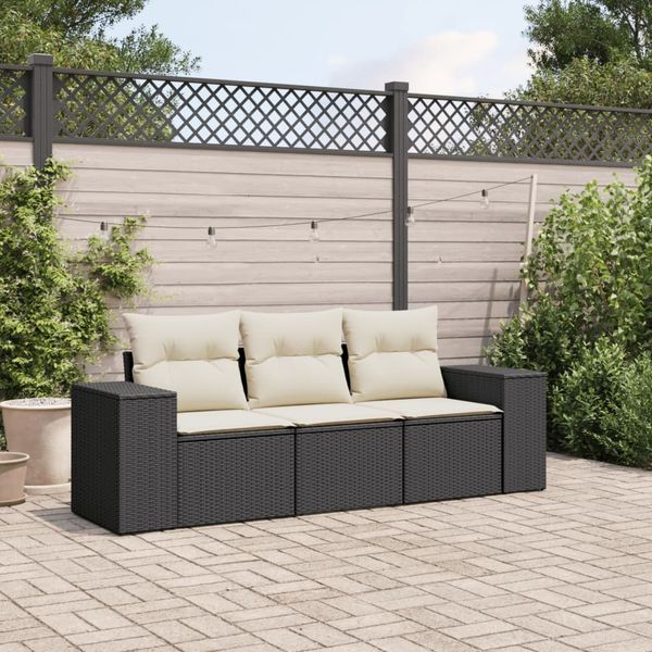 vidaXL 3-tlg. Garten-Sofagarnitur mit Kissen Schwarz Poly Rattan 3222255