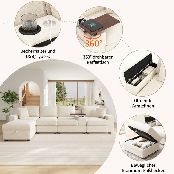 Merax Modulares L-förmiges Sofa mit Hocker, multifunktionales Ecksofa mit Stauraum, USB-/Typ-C-Anschlüssen, Getränkehaltern, 360° drehbarem Couchtisch, Armlehnen mit Stauraum, beige Bild 6