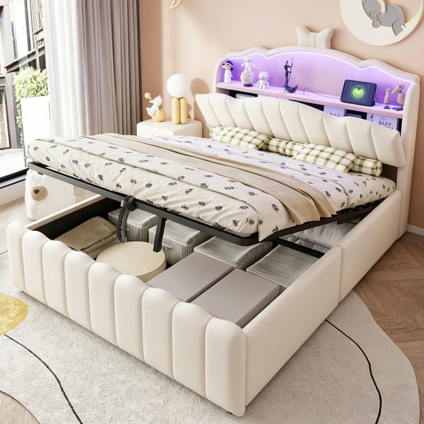 Merax Polsterbett, Kinderbett 140 x 200 cm mit hydraulischem Stauraum, Samtbezug, LED-Kopfteil mit Farbwechselbeleuchtung, USB- und USB-C-Ladeanschlüssen, aufklappbarem Kopfteil, Beige