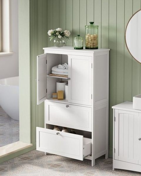 Vasagle Badkommode Badezimmerschrank mit 2 Türen und 2 Schubladen, MDF weiß, 30 x 60 x 110 cm