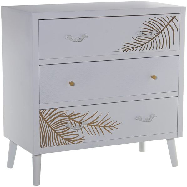 DRW Kommode mit 3 Schubladen aus MDF-Holz mit Prägung Blatt in Weiß und Gold, 80 x 40 x 80 cm, estandar