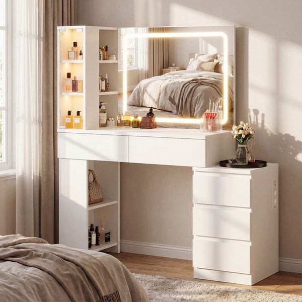 HOMALL Schminktisch LED-Beleuchtete Vitrine mit Kosmetiktisch, Helligkeit einstellbar (Maße: 127 × 40 × 138 cm, 3-stufige Dimmung, mit 5 Schubladen, 5 offenen Ablagefächern, 3 Glasvitrinen, 2 Steckdosen, 1 USB-Anschluss, 1 Typ-C-Anschluss, Seitenschrän...