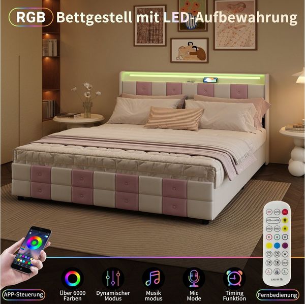FUROKOY Polsterbett Doppelbett Stauraumbett mit 4 Schubladen (Jugendbett), 160x200 cm,wahlweise in 3 GröBen,Mit Kopfteil und Lattenrost,Weiß-Rosa