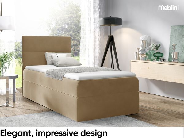 MEBLINI Kinderbett mit Bettkasten MINO 1 90x200 Links – H3/Hellbraun Samt Gepolstert Einzelbett mit Matratze - Polsterbett mit Stauraum - Bett mit Kopfteil – Stauraumbett Bild 2