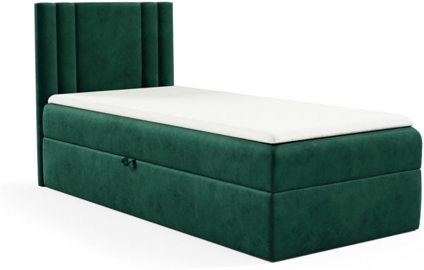 MEBLINI Kinderbett mit Bettkasten CARDI 80x200 Links – H3/Grün Samt Gepolstert Einzelbett mit Matratze - Polsterbett mit Stauraum - Bett mit Kopfteil – Stauraumbett