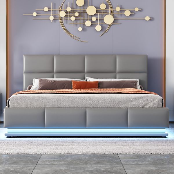 Polsterbett 160x200 cm aus Kunstleder mit LED-Beleuchtung und Stauraum – hydraulischer Bettkasten