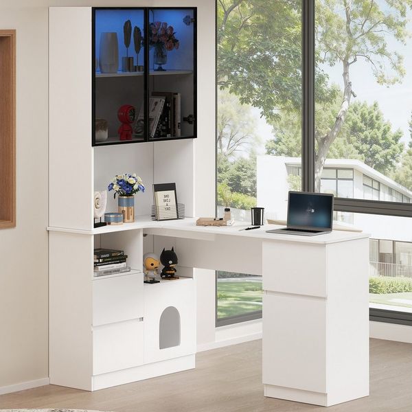Flieks Eckschreibtisch 2-in-1 Hochschrank mit LED und Glastüren & L-förmig Arbeitstisch (1-St, Tischmaße: 120x45x76 cm, Schrankmaße: 80x30x180 cm), Regal-Schreibtisch Computertisch inkl. Glasvitrine/Bücherregal Weiß