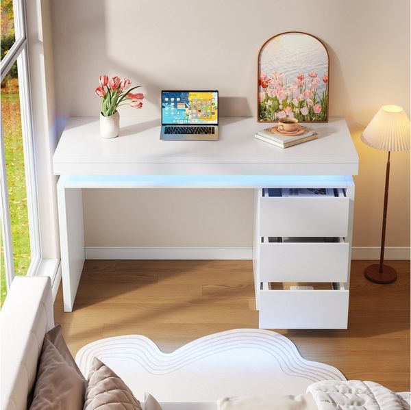OKWISH Schreibtisch LED-Schreibtisch 120x50x78,5cm mit 3 Schubladen (Packung, 1-St, Verlängerte & verbreiterte Arbeitsfläche), Verstärkte Beine, einstellbare LED für Homeoffice