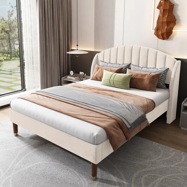 Polsterbett, Doppelbett mit Lattenrost, 140x200 cm, Kopfteil mit seitlichen Ohren, Samt