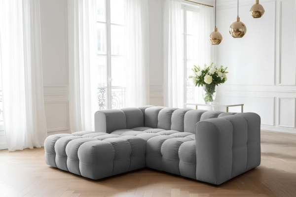 Ecksofa Designersofa SOLVIE XS in Stoff Tiffani Grau Ottomane Links