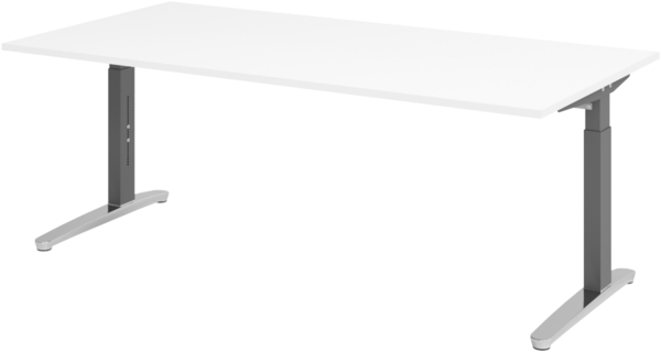 bümö manuell höhenverstellbarer Schreibtisch 200x100 in weiß, Gestell in graphit/alu - PC Tisch höhenverstellbar & groß, höhenverstellbarer Tisch Büro, großer Computertisch verstellbar, X2E-W-GC