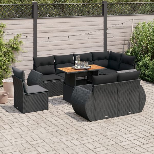 vidaXL 9-tlg. Garten-Sofagarnitur mit Kissen Schwarz Poly Rattan 3327275