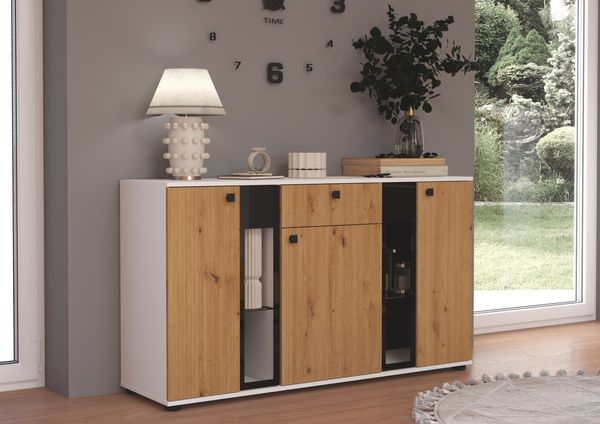 Kommode Salsa 2 Lamellenoptik Anbauwand Wohnwand Sideboard MDF Artisan + Weiss