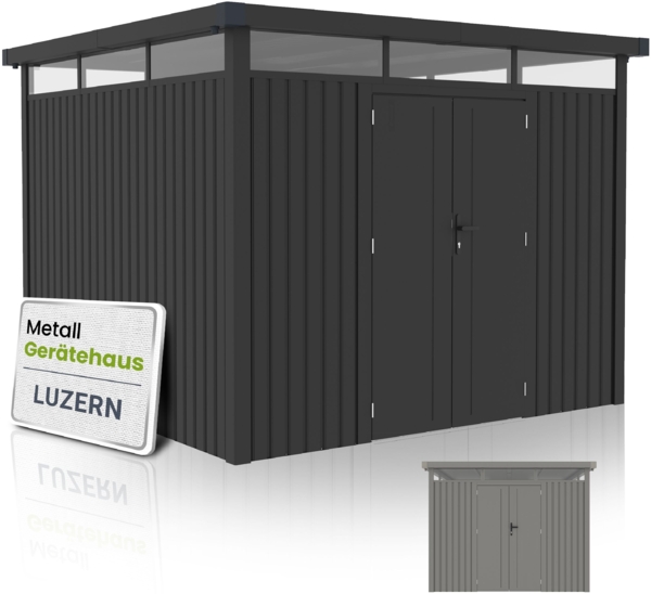 Juskys Gerätehaus Luzern Pro 8,6 m² - Metall Geräteschuppen mit Türen & Fenstern - wetterfest & abschließbar - Fahrradgarage, Gartenhaus - Anthrazit