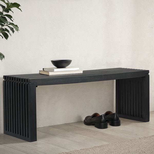 FINEBUY Sitzbank FB111495 Garderobenbank Akazie Massivholz 120 cm Schwarz Flurbank (Akazie Massivholz Bank 120 cm Bettbank Schwarz), Flurbank Modern, Kleine Dielenbank 2 Personen