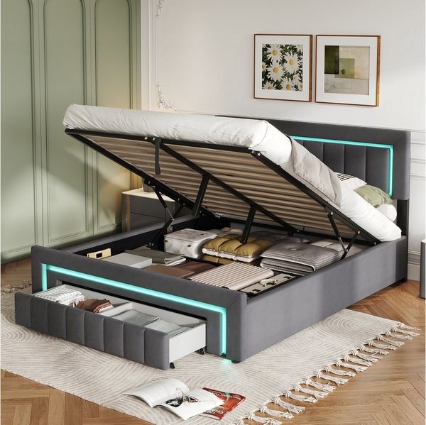 MODFU Polsterbett Anthrazit-Hollandvelours & LED-Beleuchtung (Packung, 1-tlg, Inkl. Lattenrost, ohne Matratze), Stauraumbett 140x200cm mit hydraulischem Lift